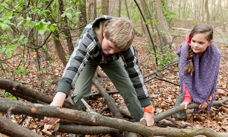Jongen en meisje buigen zich over grote takken in het bos
