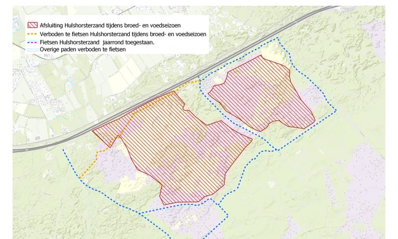 Wandelen en fietsen rond het Hulshorsterzand vanaf 15 maart 2025 Kaart met de opengestelde wandel- en fietspaden op en rond het Hulshorsterzand