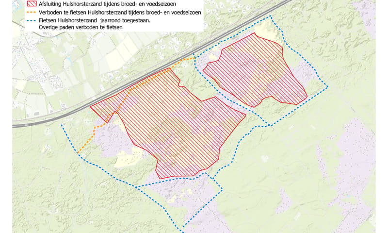 Wandelen en fietsen rond het Hulshorsterzand vanaf 15 maart 2025 Kaart met de opengestelde wandel- en fietspaden op en rond het Hulshorsterzand