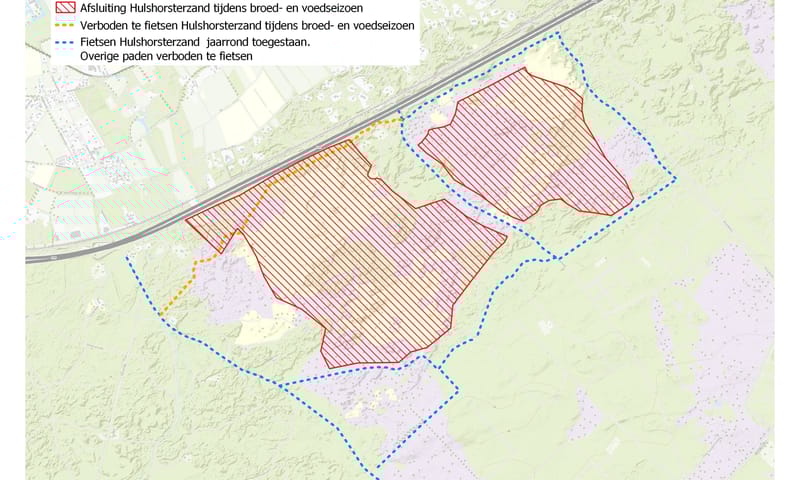 Wandelen en fietsen rond het Hulshorsterzand vanaf 15 maart 2025 Kaart met de opengestelde wandel- en fietspaden op en rond het Hulshorsterzand