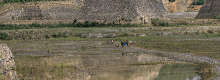 Gezinnen met kinderen wandelen met een gids tijdens excursie door de ENCI-groeve op de Sint-Pietersberg in Maastricht. Je ziet hoe groot de groeve is en hoe klein de mensen zijn. Op de foto zie je kalksteenwanden, waterpartijen, groene begroeiing en een klein beetje lucht.
