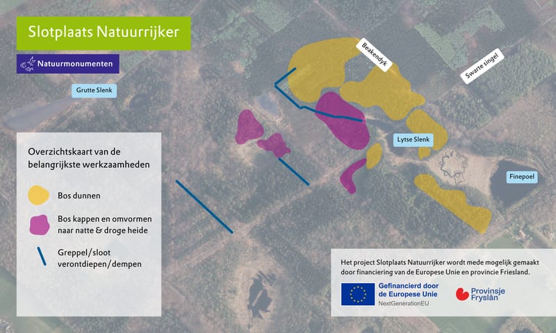 Werkzaamheden fase 1 Slotplaats Natuurrijker Kaart waarop de belangrijkste werkzaamheden tijdens het project worden weergegeven.