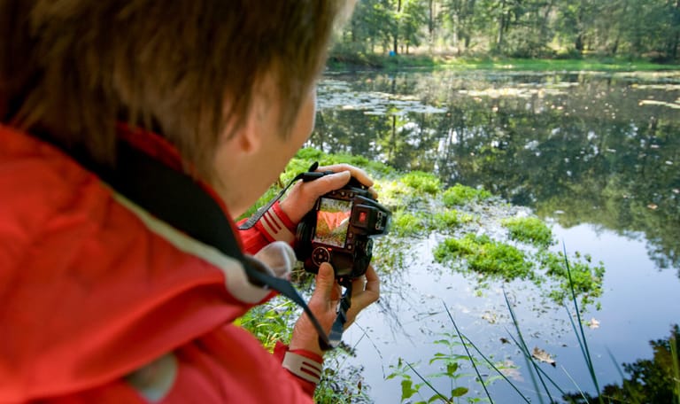 Afbeelding waarop je over de schouder meekijkt met een vrouw die een foto maakt van een ven