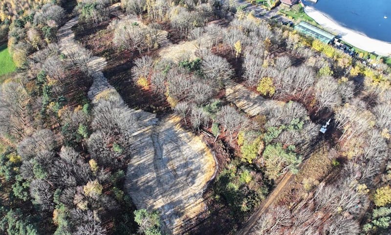 Luchtfoto van ecologische verbinding tussen het trafostation en het Blauwe Meer.