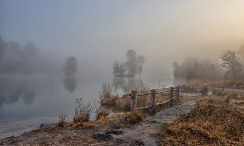 Mistig landschap met een houten bruggetje naast een meer