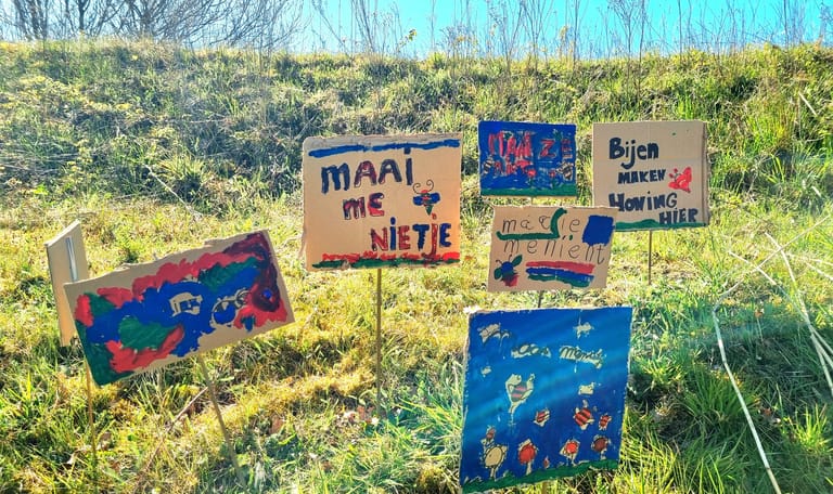 Zelfgemaakte maai-me-niet-bordjes op Fort Kijkuit
