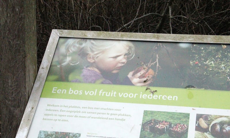 Informatiebord met als tekst Een bos vol fruit voor iedereen