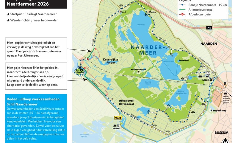 Kaart aanpassing wandelroute Rondje Naardermeer 2026