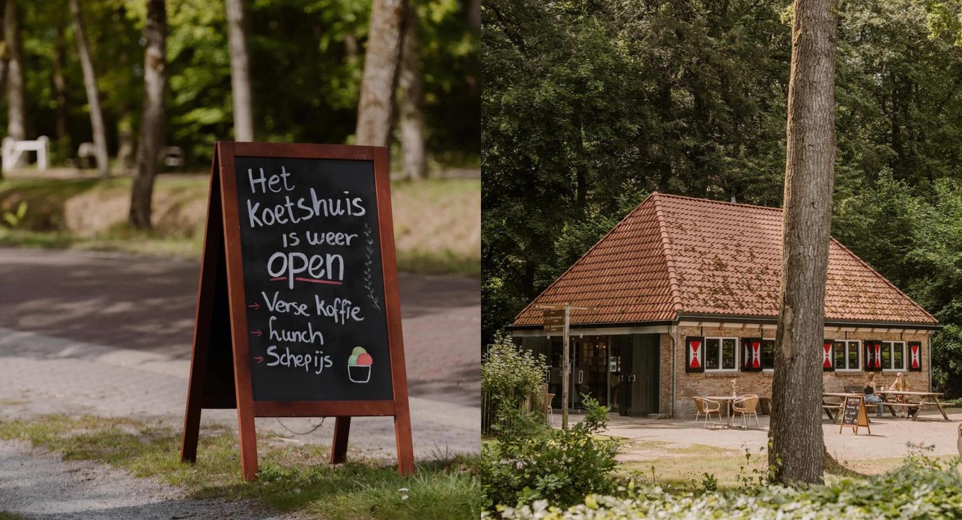 Koetshuis open Foto van het koetshuis op landgoed De Slotplaats, waar bezoekers deze zomermaanden terecht kunnen voor koffie, thee, gebak, lunch en schepijs!