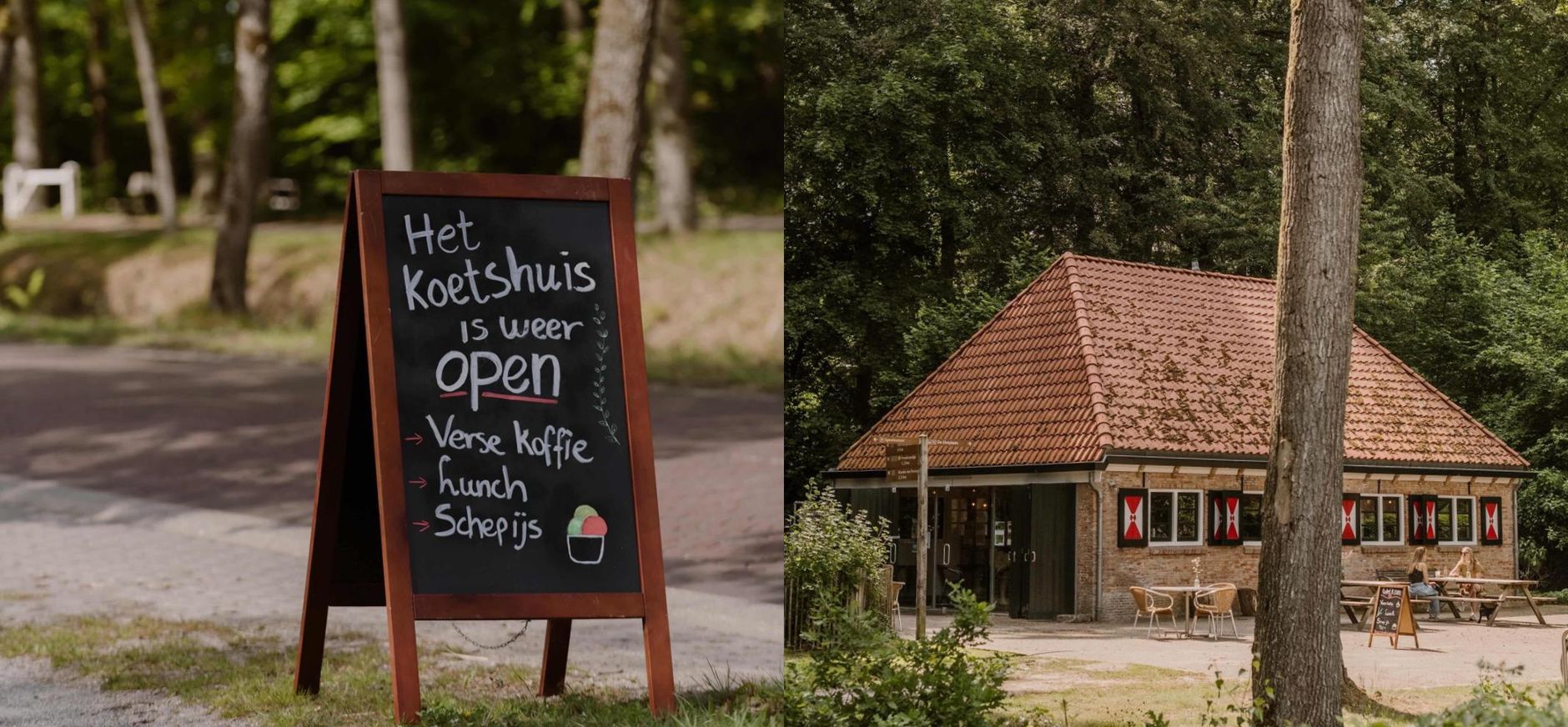 Koetshuis open Foto van het koetshuis op landgoed De Slotplaats, waar bezoekers deze zomermaanden terecht kunnen voor koffie, thee, gebak, lunch en schepijs!