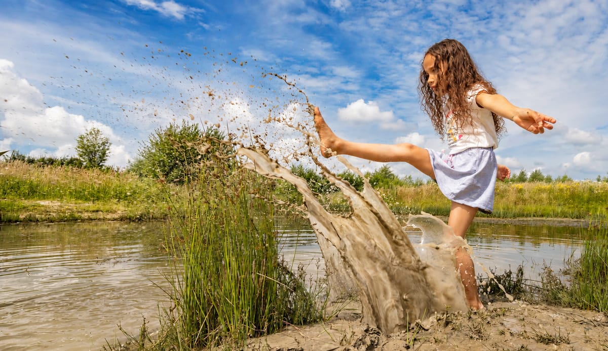 Kinderen spelen bij water op een OERRR-speelplek