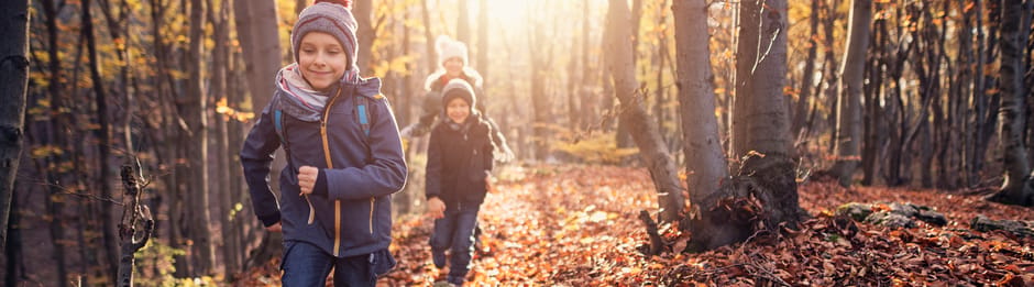 Kinderen wandelen door een herfstbos