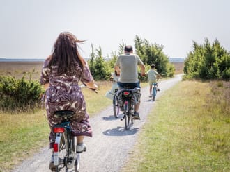 Gezin fietst over de heide