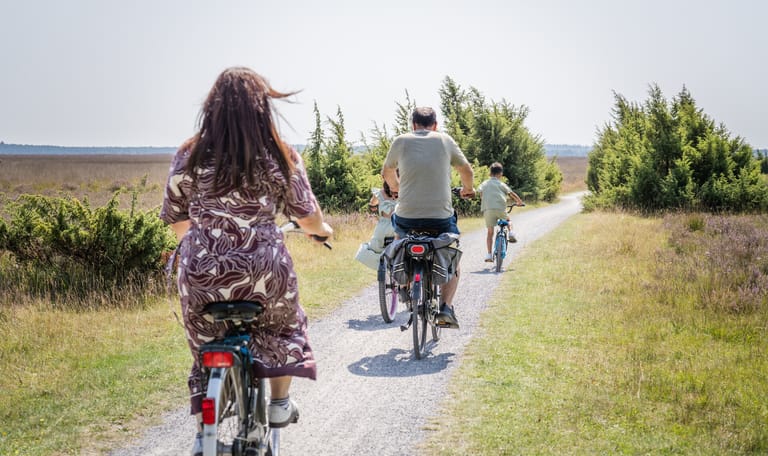 Gezin fietst over de heide