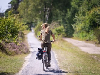 Vrouw fietst op fietspad door het Drentse landschap