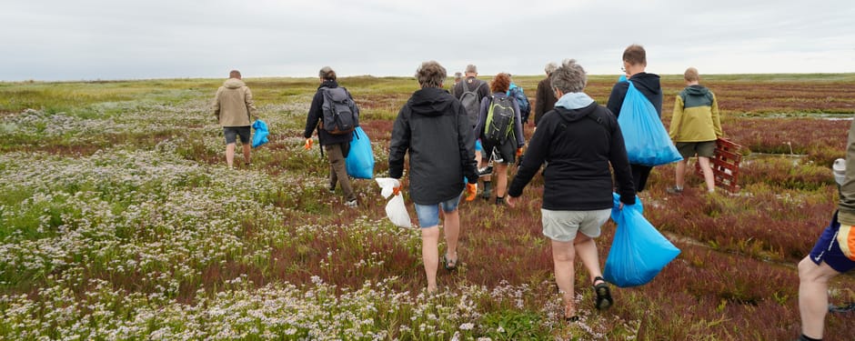 Een groep mensen loopt met vuilniszakken over Griend