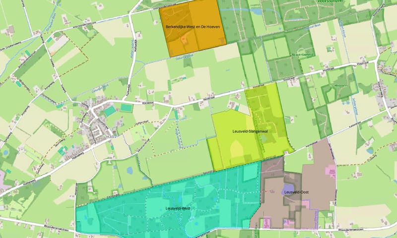 Kaart deelgebieden: Berkendijke-West en De Hoeven, Leusveld-Oost en Leusveld-West, en Leusveld-Slangenwal. Kaart deelgebieden: Berkendijke-West en De Hoeven, Leusveld-Oost en Leusveld-West, en Leusveld-Slangenwal.