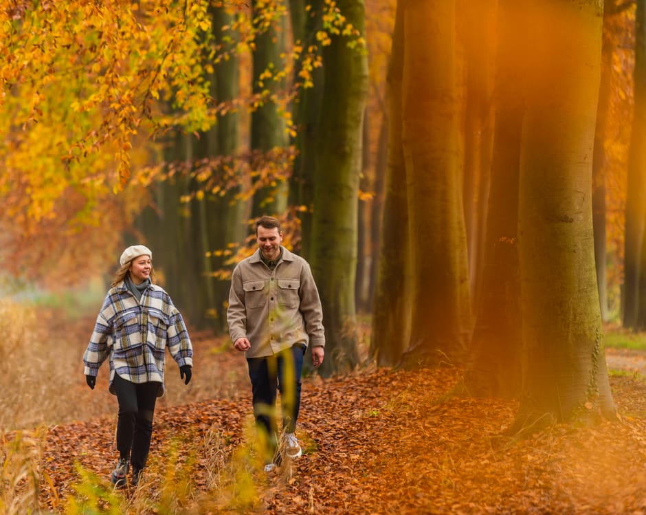 Twee wandelaars in een herfstig bos