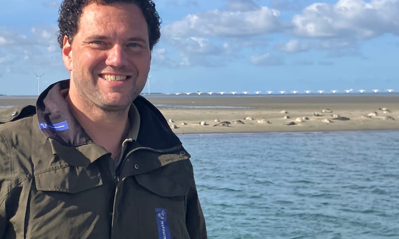 Boswachter Paul Begijn met zonnende zeehonden op de Galgeplaat.