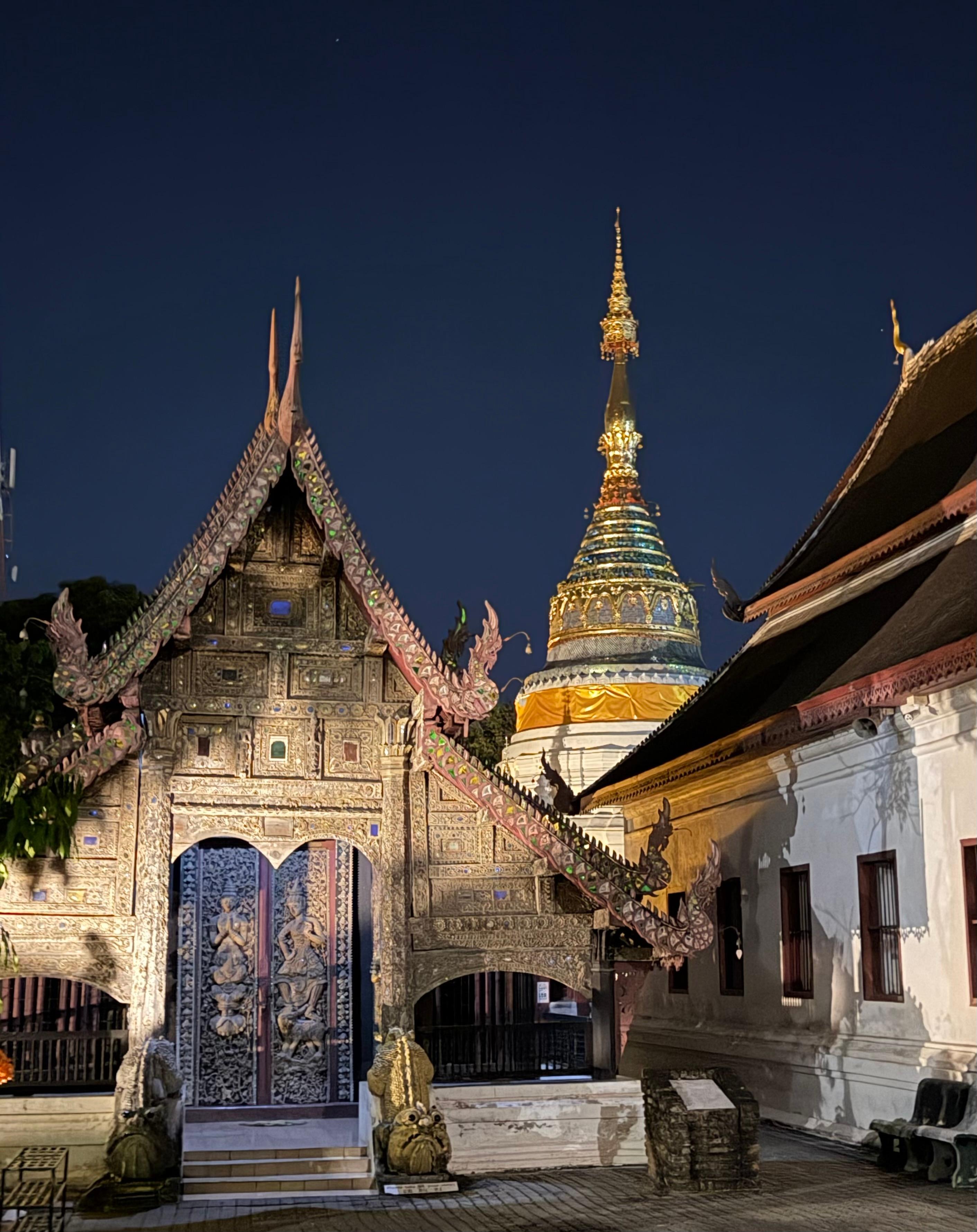 A Chiang Mai temple lit up at night