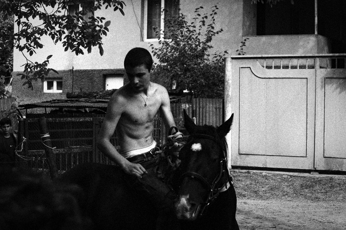 shirtless boy on horse