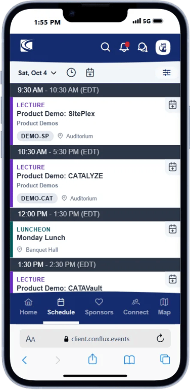 CONFlux mobile app schedule screen showing event timeline