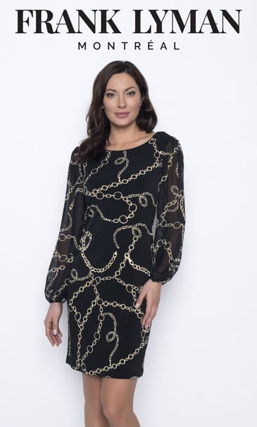 FRANK LYMAN ROBE DROITE NOIRE IMPRIMÉE CHAINE OR MANCHE VOILE