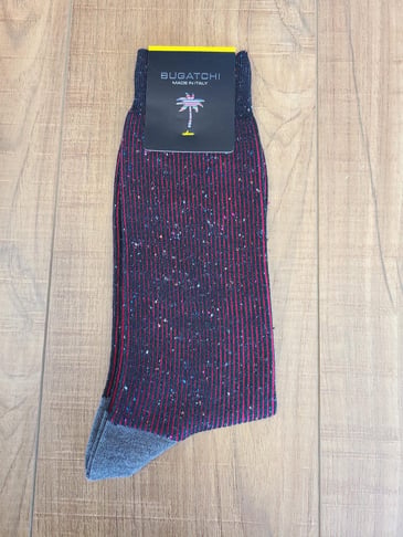 BUGATCHI BAS DE FANTAISIE POUR HOMME RAYÉ NOIR ET ROUGE MOUCHETÉ