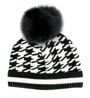MITCHIES TUQUE NOIR EN TRICOT PIED DE POULE POMPOM FOURRURE