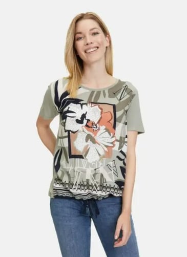 BETTY BARCLAY T-SHIRT IMPRIMÉ FLEUR BRILLANT CORDON À LA TAILLE