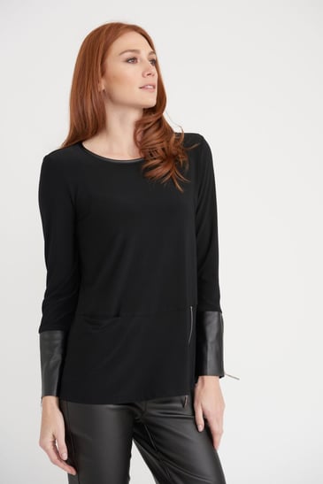 JOSEPH RIBKOFF CHANDAIL NOIR BOUT MANCHE CUIR COL ROND CUIR