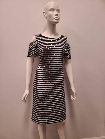 FRANK LYMAN ROBE RAYÉE MARINE/BLANC A POIS OR COL ROND