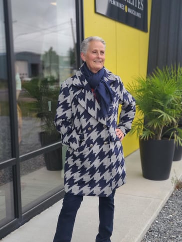 YEST MANTEAU MI-SAISON EN LAINAGE GRIS ET PIED DE COQ MARINE