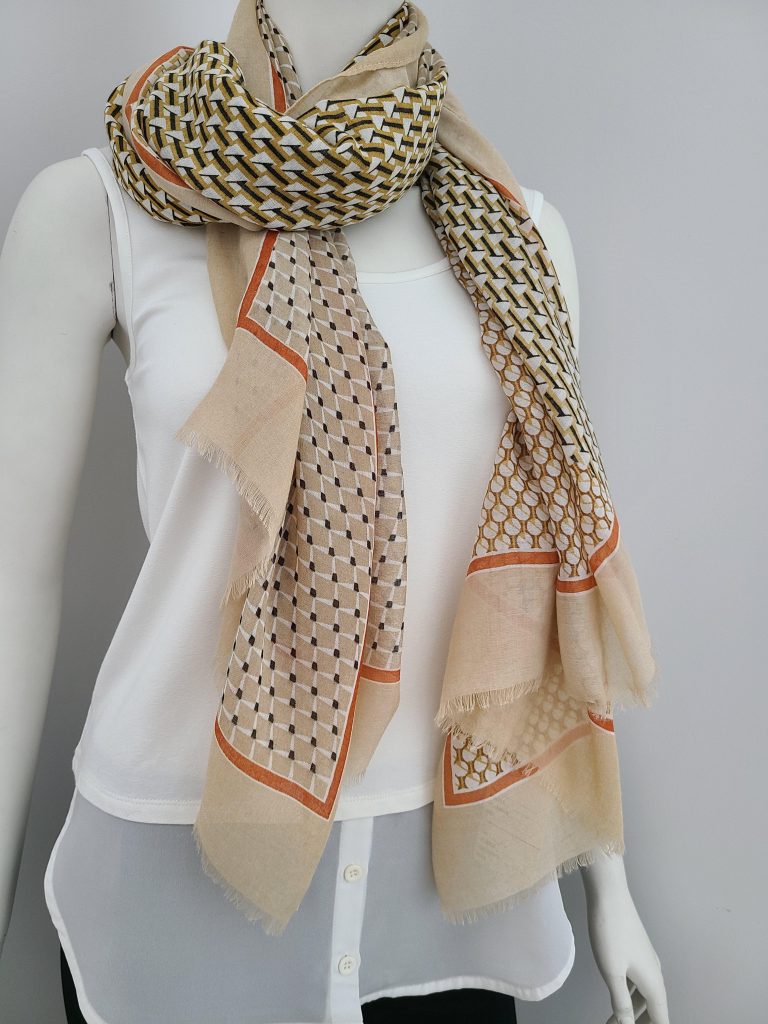 AXELLE FOULARD D'ÉTÉ BEIGE/ORANGE BRÛLÉ/MOUTARDE AVEC FRANGES