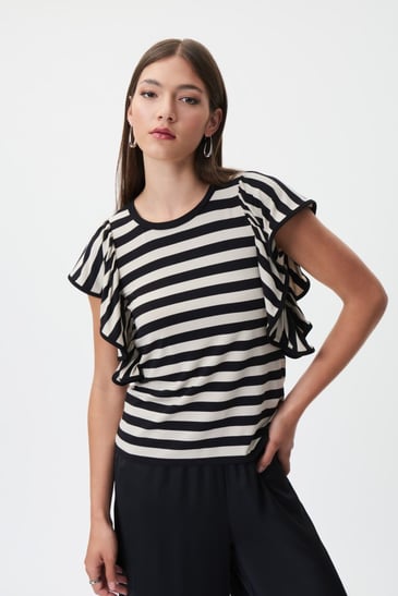 JOSEPH RIBKOFF HAUT MANCHE COURTE BOUFFANTE RAYE BEIGE NOIR