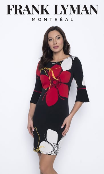FRANK LYMAN ROBE DROITE FLEURIE MANCHE TROMPETTE