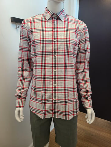 MICHAEL KORS HOMME CHEMISE À MANCHE LONGUE TISSU STRETCH CARREAUTÉ BLANC ET ROUGE