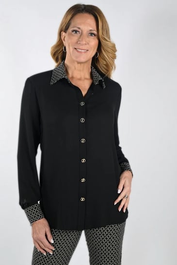 FRANK LYMAN BLOUSE NOIR AVEC COL ET MANCHE IMPRIMÉ