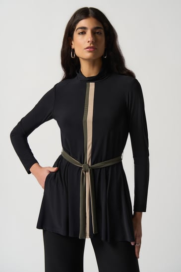 JOSEPH RIBKOFF TUNIQUE COL HAUT BANDE OLIVE ET BEIGE VERTICALE