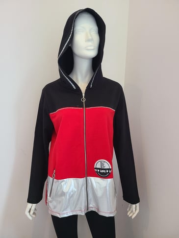 TRICOTTO VESTE CAPUCHON ZIP NOIR/ROUGE/ARGENT DÉTAILS BRILLANTS