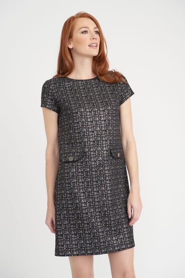 JOSEPH RIBKOFF ROBE DROITE IMPRIMÉE GRIS/OR MANCHE COURTE