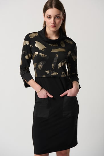 JOSEPH RIBKOFF ROBE COL BAVEUX IMPRIMÉ DORÉ GRANDE POCHE