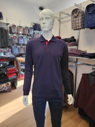 BUGATCHI POLO À MANCHE LONGUE POUR HOMME MARINE AVEC DÉTAIL ROUGE