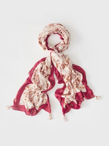 WHITE STUFF FOULARD CENTRE ÉCRU CONTOUR FRAMBOISE IMPRIMÉ