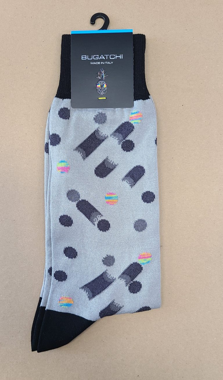 BUGATCHI BAS DE FANTAISIE POUR HOMME GRIS A POIS EXTRÉMITÉ NOIRE