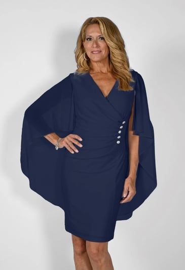 FRANK LYMAN ROBE MARINE AVEC CAPE BOUTONS EN FLEUR ARGENT