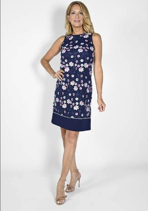FRANK LYMAN ROBE SANS MANCHE MARINE AVEC BRODERIE FLEUR ROSE