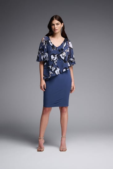 JOSEPH RIBKOFF ROBE AJUSTE BLEU GRIS AVEC VOILE FLEURI