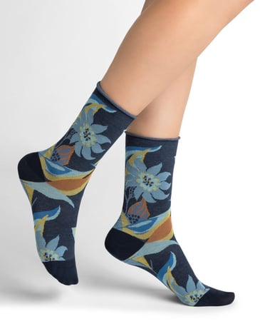 BLEU FORET BAS POUR FEMME EN COTON MARINE FLEURI