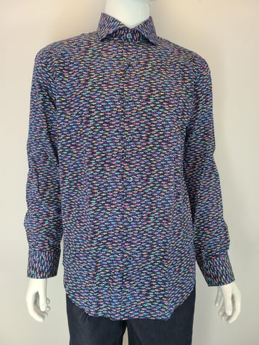 BUGATCHI CHEMISE POUR HOMME À MANCHE LONGUE MARINE IMPRIMÉ POISSONS